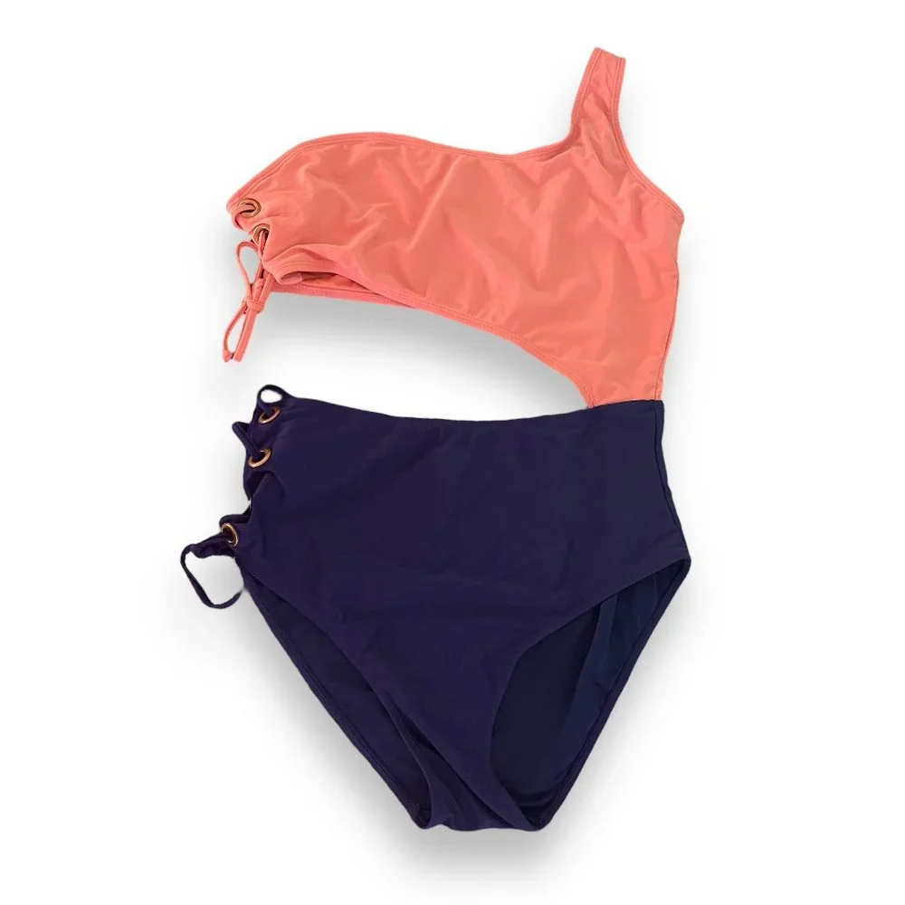 Juicy Couture Two Tone One Shoulder Cut Out One Piece Swimsuit Neon Pink/Navy XL